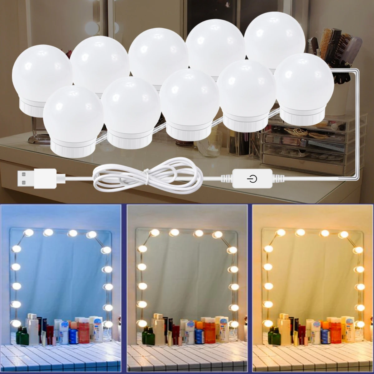 

Makeup Mirror LED Light 3 Colors Adjustable Wall Bulbs String Bedroom Mirror Decoration Lamp