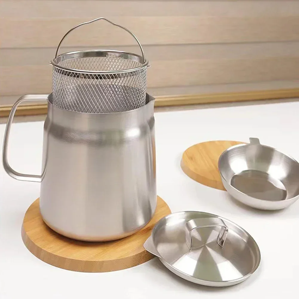1pcs 304 Stainless Steel Oil Filter Kettle Small Frying Pan With Frying Net Kitchen Tools Gadgets Cooking Tool