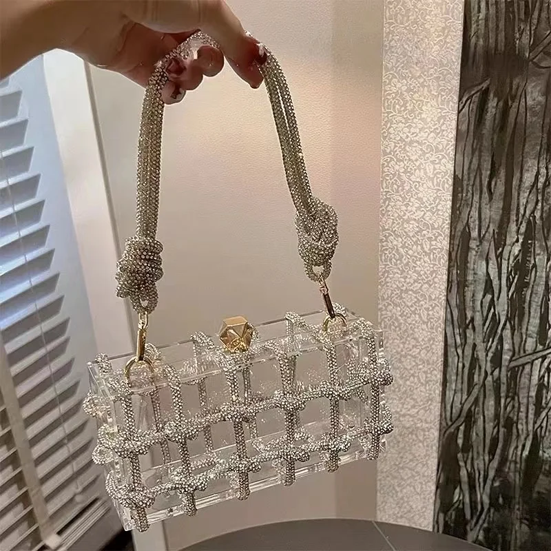 Diamond Clear Acrylic Box Evening Clutch Bags Women Boutique Woven Knotted Rope Rhinestone Purse and Handbags Wedding Party Ins clear acrylic round t bar bracelet display jewelry head rope holder pmma tube