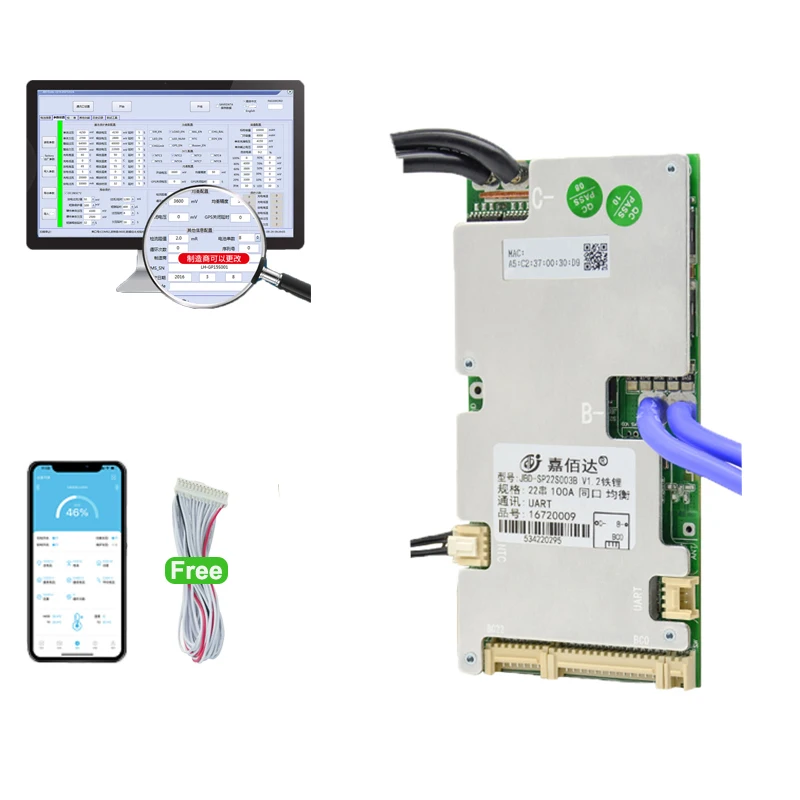 JBD 스마트 BMS 6S 8S 10S 12S 14S 15S 16S 18S 20S 21S 22S 리튬 이온 BMS Lifepo4 100A 80A 50A 40A 24V 36V 48V 60V NTC 내장 BT