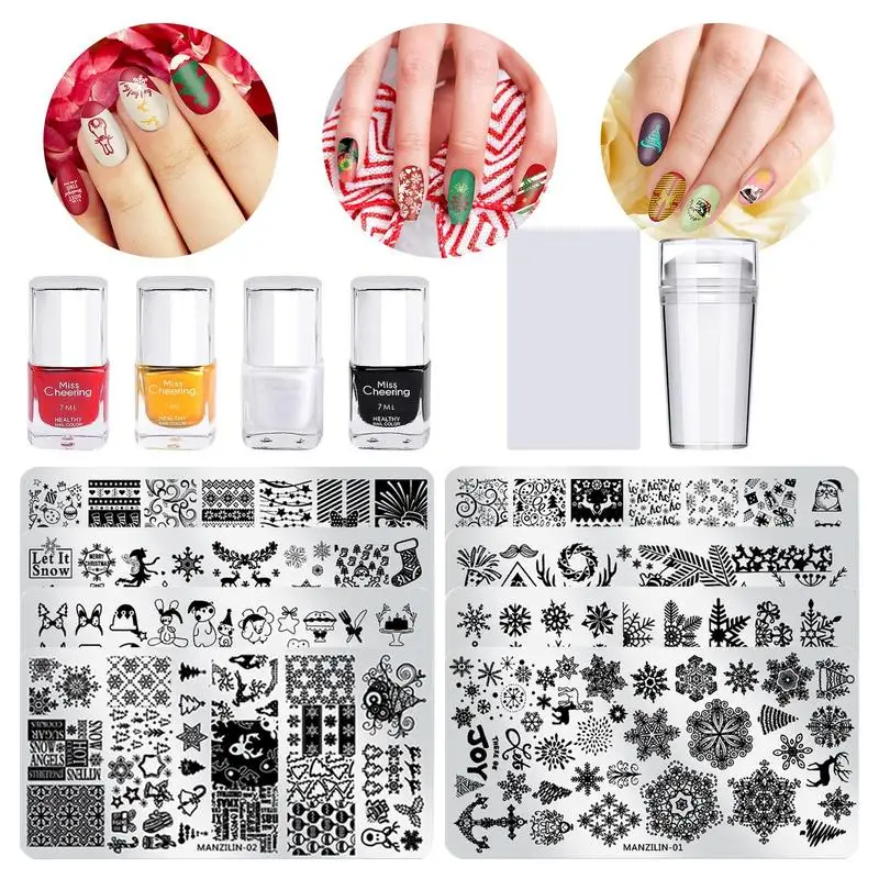 

Christmas Nail Art Stamping Plates Set with 8 intricate design templates Kit Winter Holiday Snowflake Snowman Santa Claus