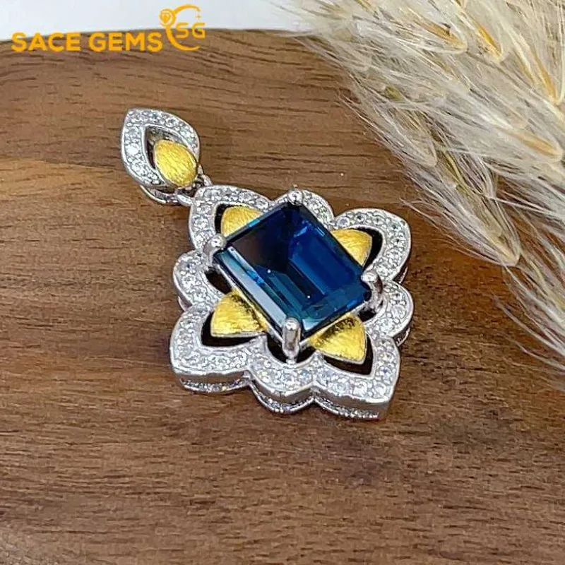 

SACE GEMS S925 Sterling Silver Certified 7*9MM Natual Topaz Pendant Necklaces for Womne Engagement Cocktail Party Fine Jewelry