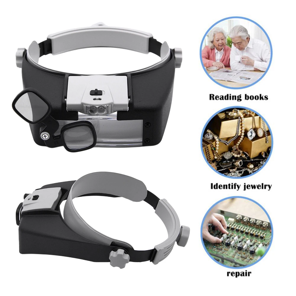 HD Glasses Magnifier Headband Helmet Magnifying Glasses Optical Glasses Len Magnifier with 3 LED Light 5 Detachable Lens