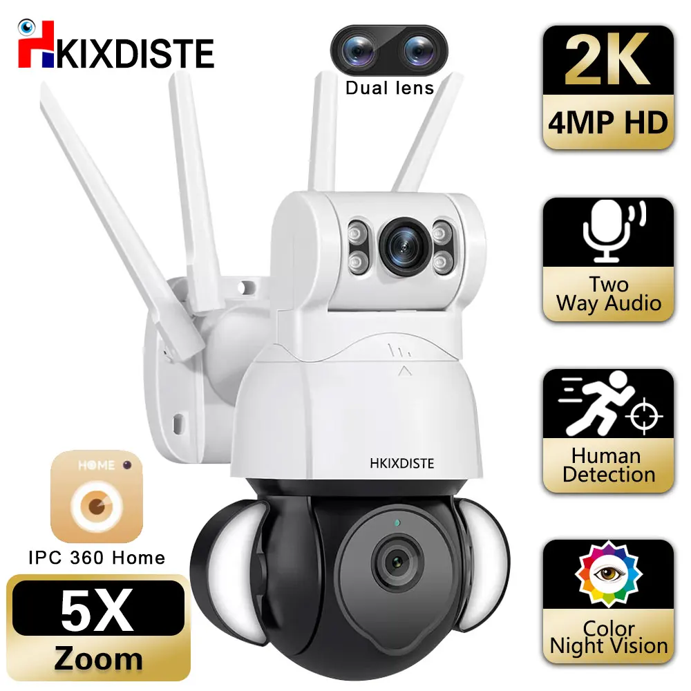 

Floodlight Security PTZ Camera 2K 4MP IP Camera Dual-Lens WiFi Wireless 5X Digital Zoom Auto Motion Tracking CCTV Security Cam