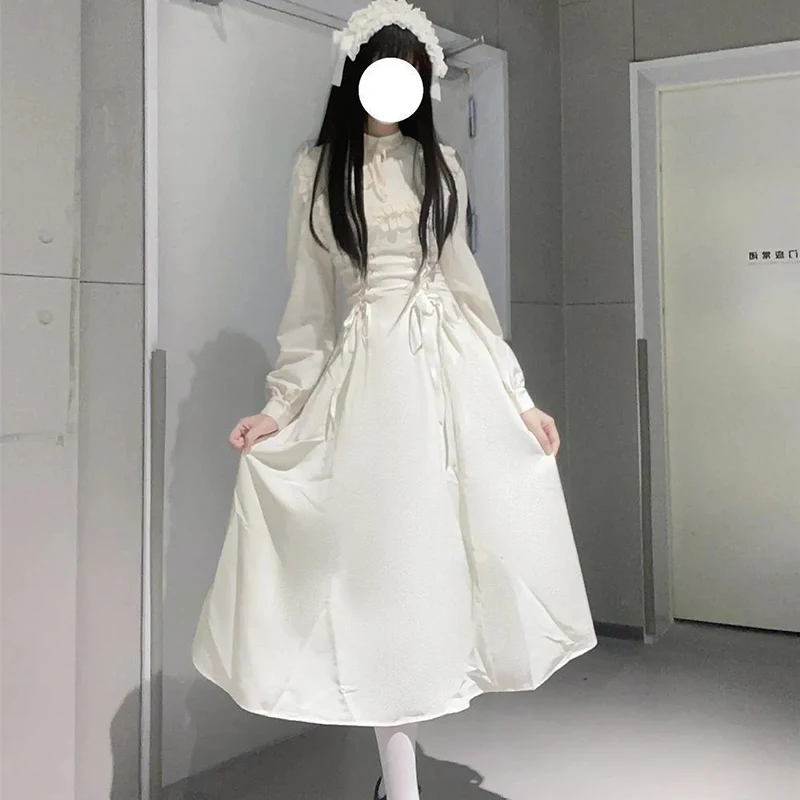 Abito francese elegante in pizzo a maniche lunghe da donna Abiti patchwork a vita alta Lolita Fashion Kawaii Nuovi abiti con lacci femminili - immagine 3