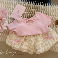 Girls Summer Suit Candy Casual Short Sleeved T-shirt Girl Fashionable Flower Bud Shorts 3-10 Years Old Children Two-piece Set