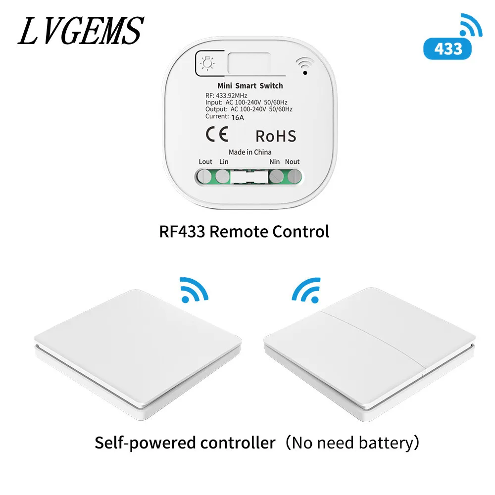 Control remoto inalámbrico sin batería RF433Mhz interruptor de luz impermeable autoalimentado 16A CA 85V-240V 60HZ/50HZ