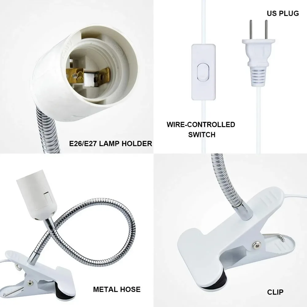 360 Degree Flexible Desk Lamp Holder E27 Light Base Socket Gooseneck Clip-on Cable with Power On Switch for Home