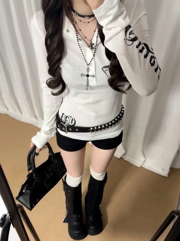 여름 아메리칸 레트로 긴팔 후드 티셔츠 여성 Y2k 하라주쿠 서브컬쳐 고딕 탑스 펑크 빈티지 슬림 프린트 티셔츠 신상품 - AliExpress