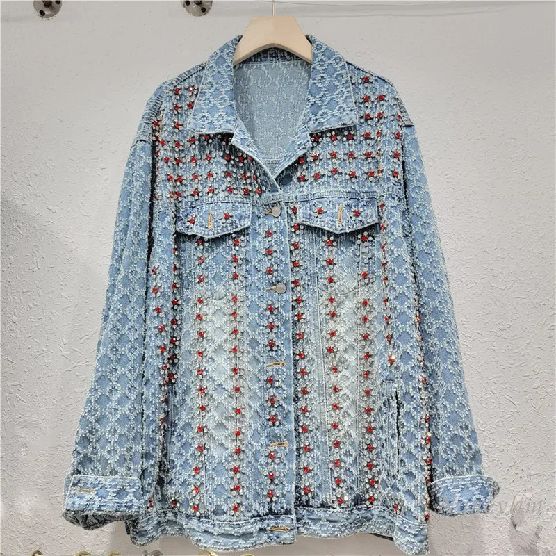 

Heavy Industry Denim Coat Women's Spring and Autumn 2024 New Jacquard Beaded Red Diamond Top High-Grade Classic Style Jacket