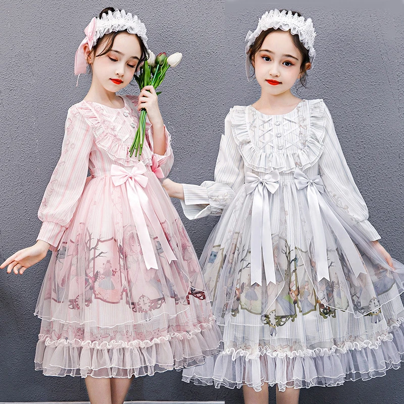 

4-13 Years Spring Lolita Girls Dress Stripe Printing Bow Decorate Cartoon Pattern Net Yarn Party Custom Kids Princess Dress