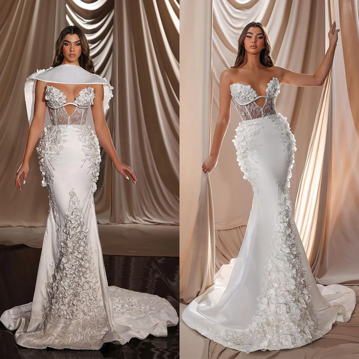 

Luxury Wedding Dresses with Wraps Appliques Lace Mermaid Bridal Gowns Custom Made Sexy Sweetheart Neckline Sweep Train Robe
