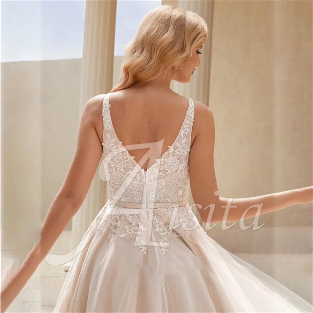 Princess A-line Wedding Dresses V-Neck Asymmetrical Lace Tulle Bride Dresses V Back Wedding Dresses For Woman Dresses Vestidos