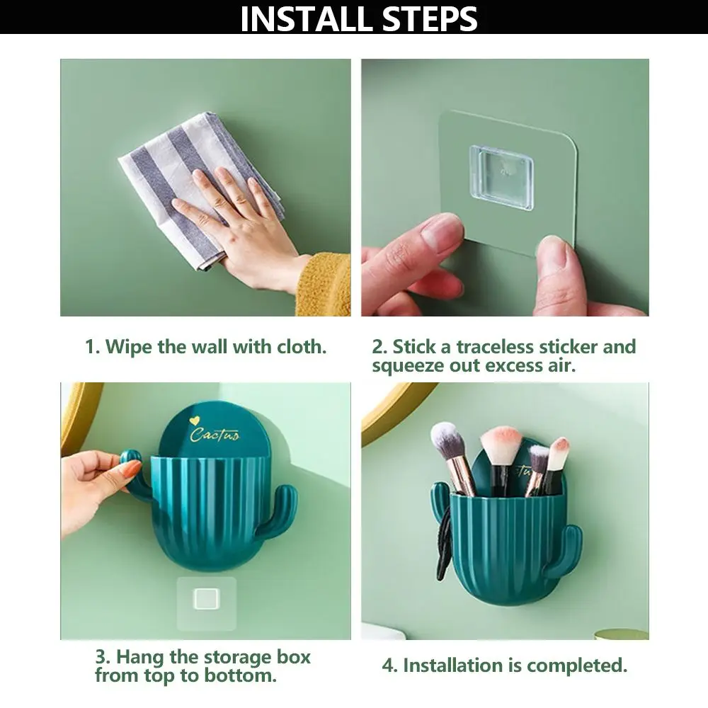 Plastic Wall Self-adhesive Cactus Storage Rack Bathroom Storage Holder Kitchen Bathroom Toothbrush Storage Wall Mount Holder 4
