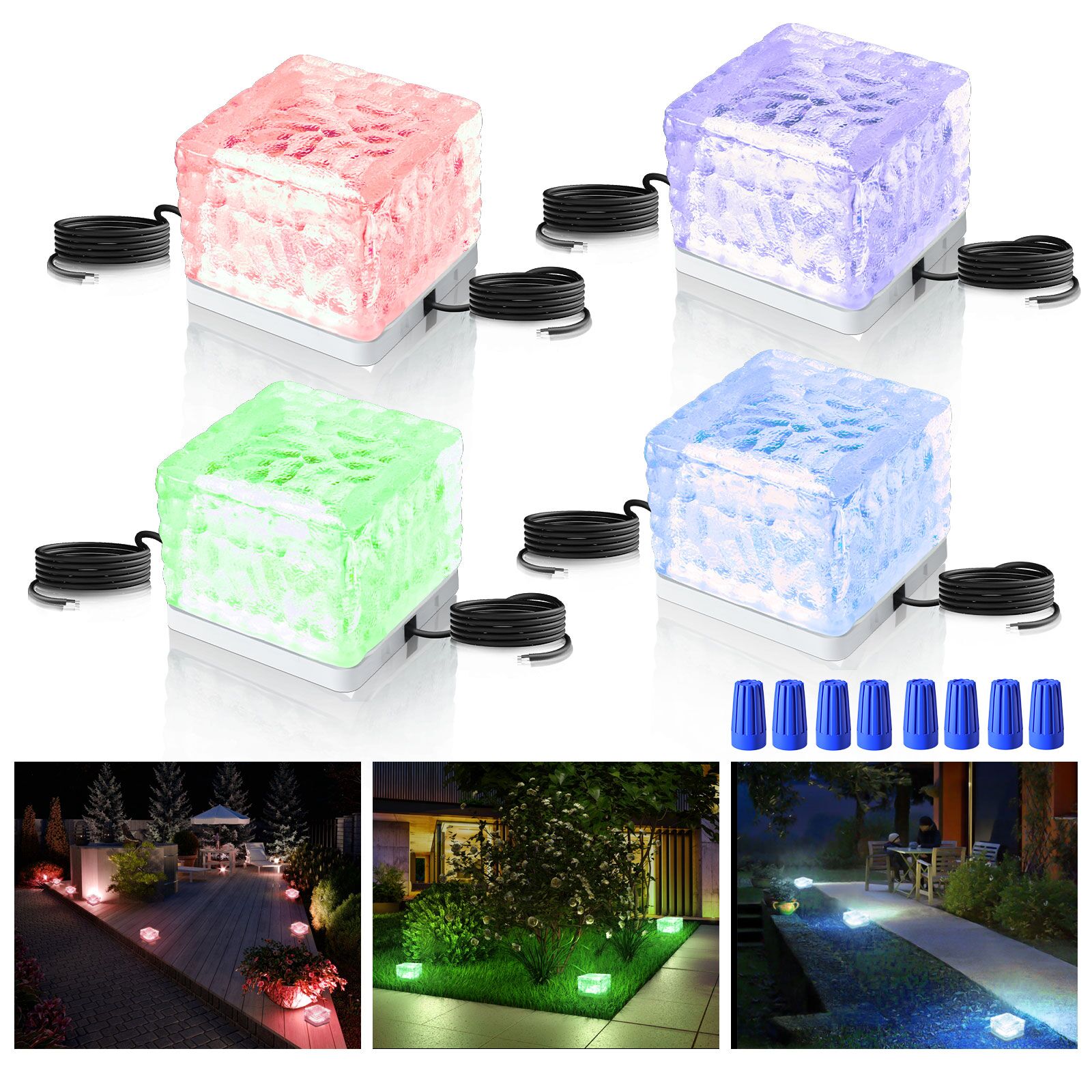 QACA 4-Pack LED Ice Rock Cube Lights IP65 Waterproof DC12V 1.2W Fantasy RGBWW LED Pathway Yard Patio Landscape Pavers Lighting