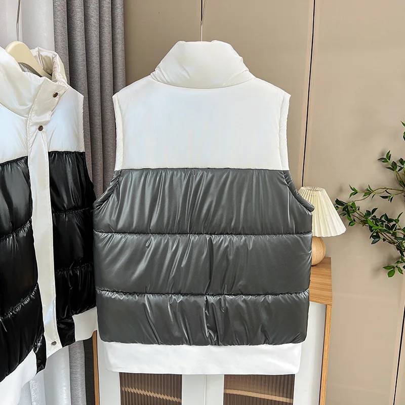 Womens Plus Size Parkas Winter Casual Clothing Fashion Shiny Block Color Thick Warm Padded Jacket Stand Collar Sleeveless Vest