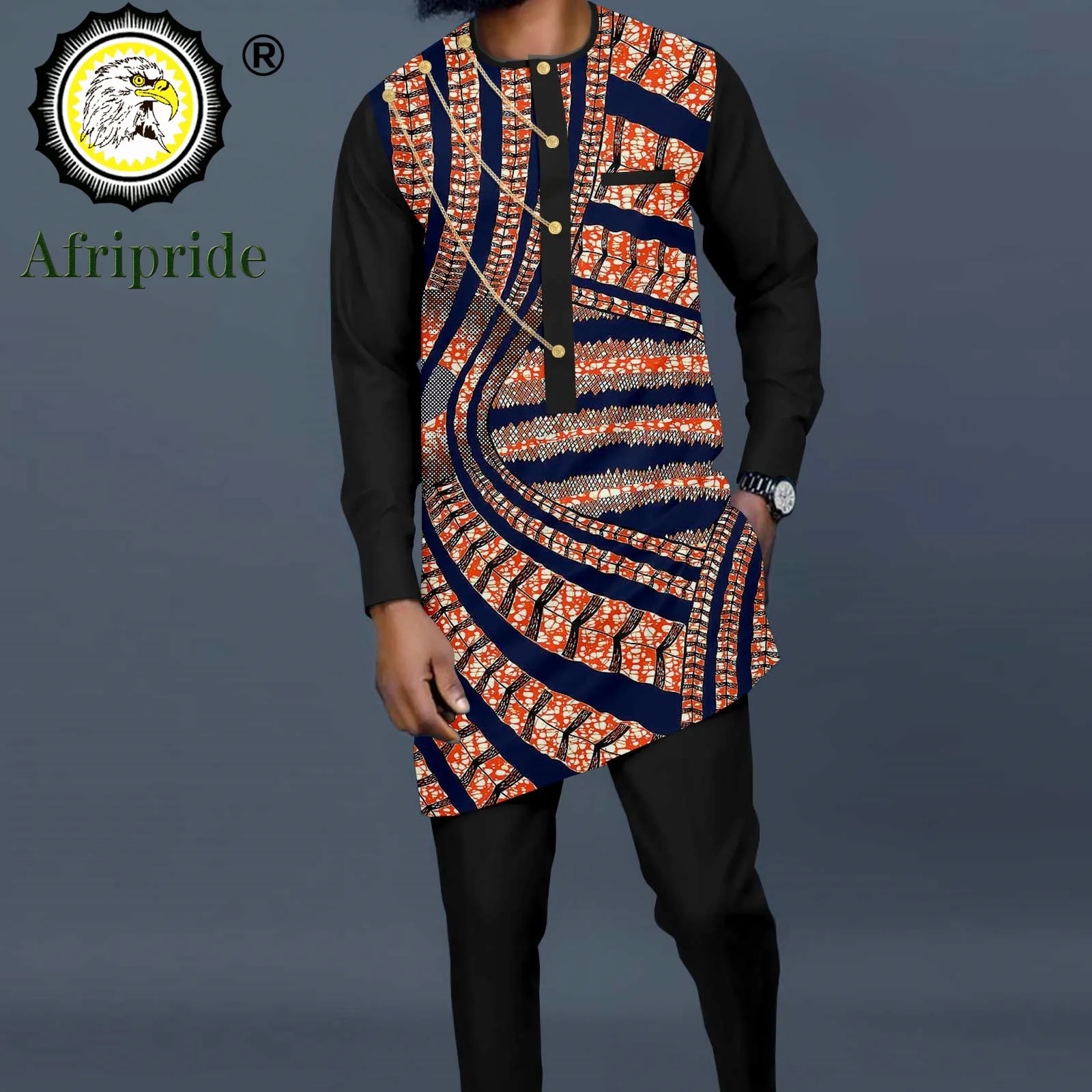 Bazin Riche African Men Clothing Print Shirts with Three Chain and Pants 2 Piece Set Dashiki Outfits Plus Size Casual A2216020