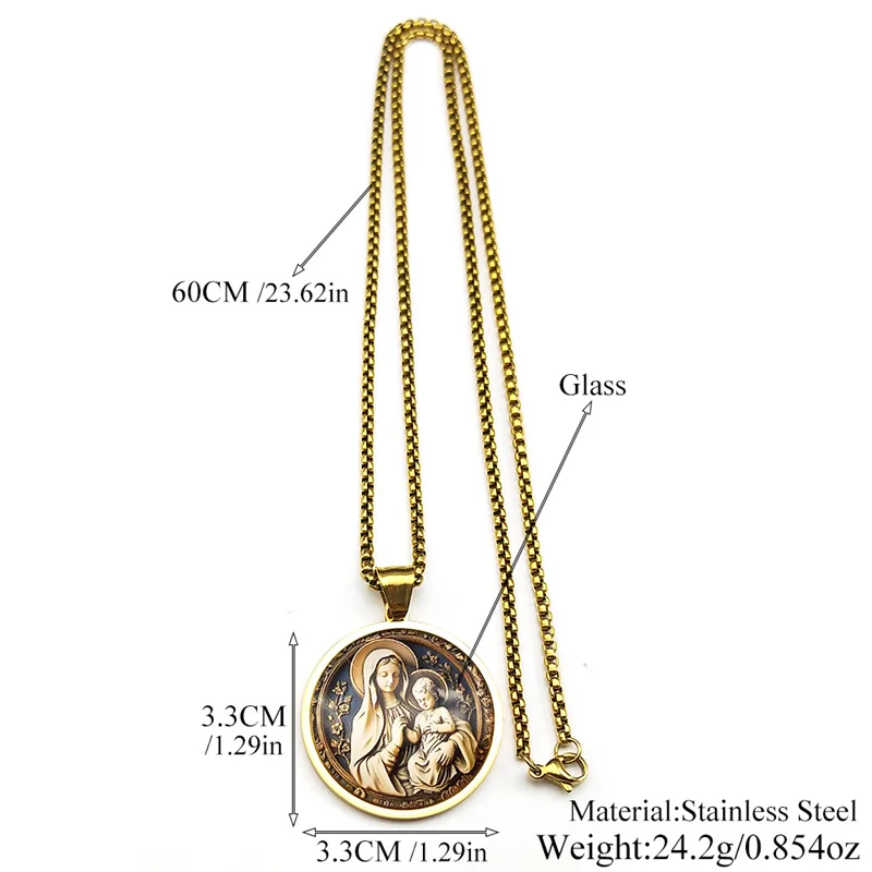 Virgin Mary Hold Baby Jesus Glass Round Medal Pendant Necklace for Women Men Stainless Steel Gold Color Catholic Amulet Jewelry 6