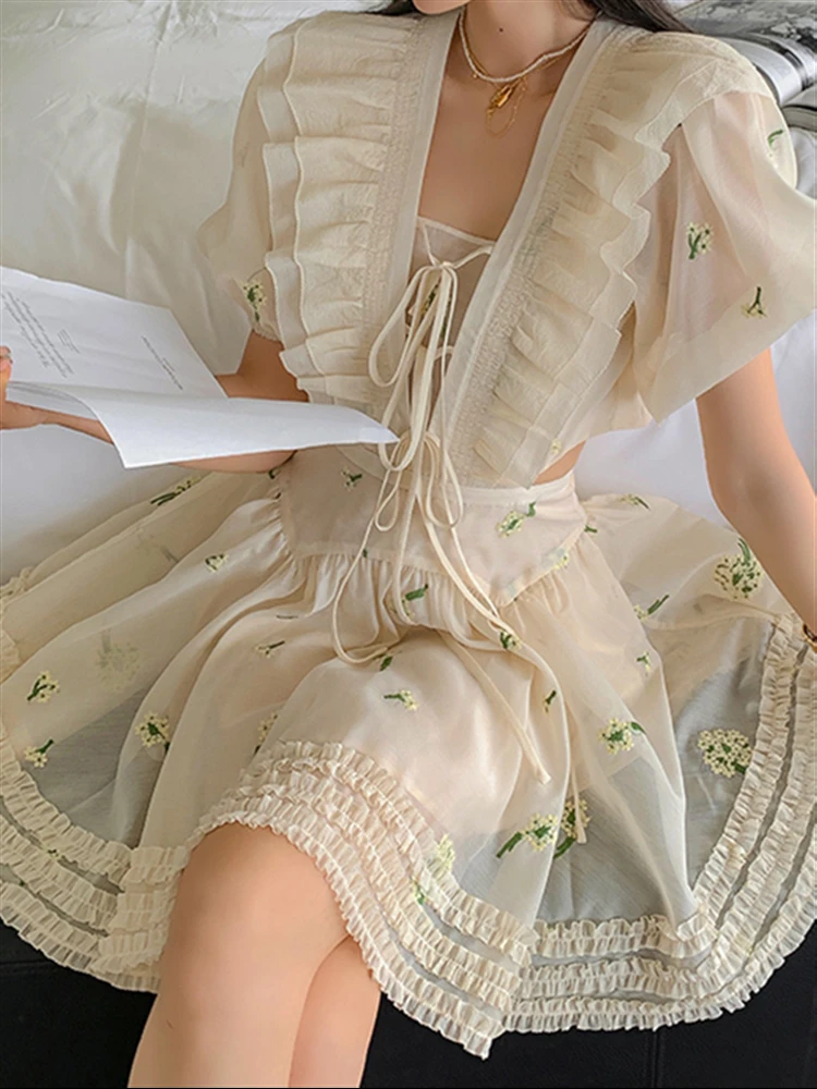 Vintage Short Sleeve A-Line Embroidery Elegant Print Summer Boho Floral Mesh Sexy Woman Dress Mini Dresses Women Party 2022 Lace