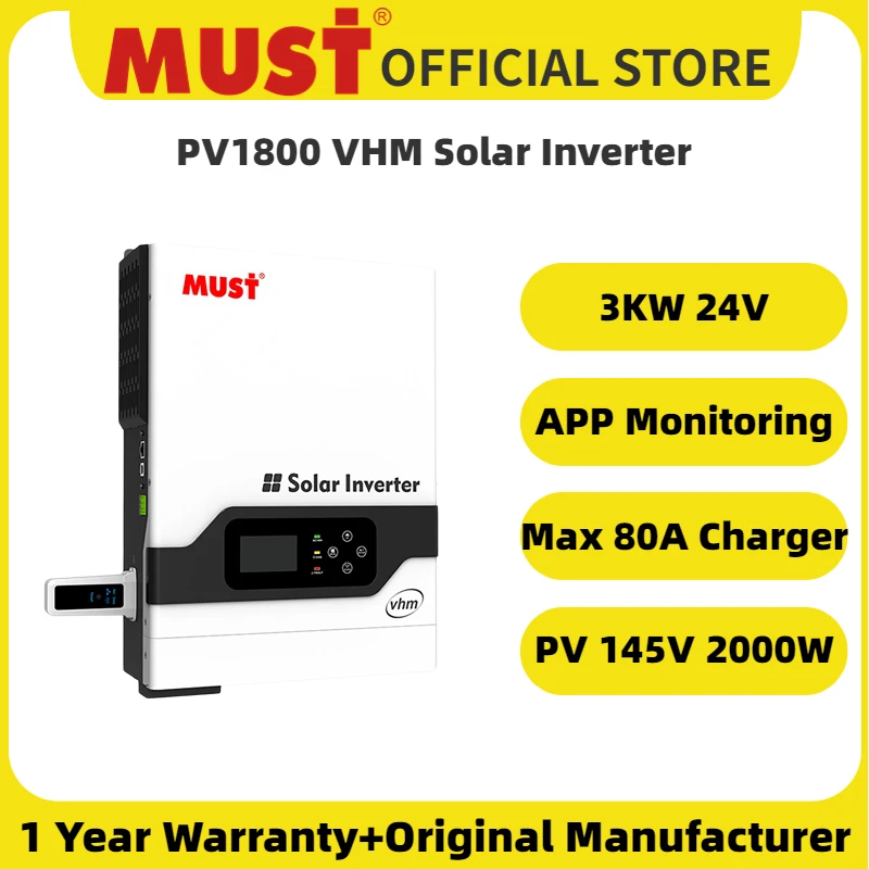 

2023 MUST 3kw Off Grid Hybrid Solar Inverter PV18 VHM 24V 3000w With Built-in PV 145VDC 80A MPPT Controller Wi-Fi