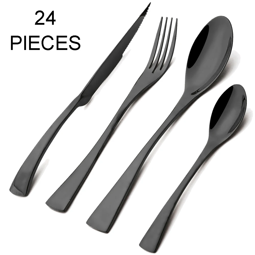 

24pcs Black Dinnerware Set Sharp Steak Knife Fork Coffee Spoon Cutlery Set Stainless Steel Flatware Silverware Kitchen Tableware