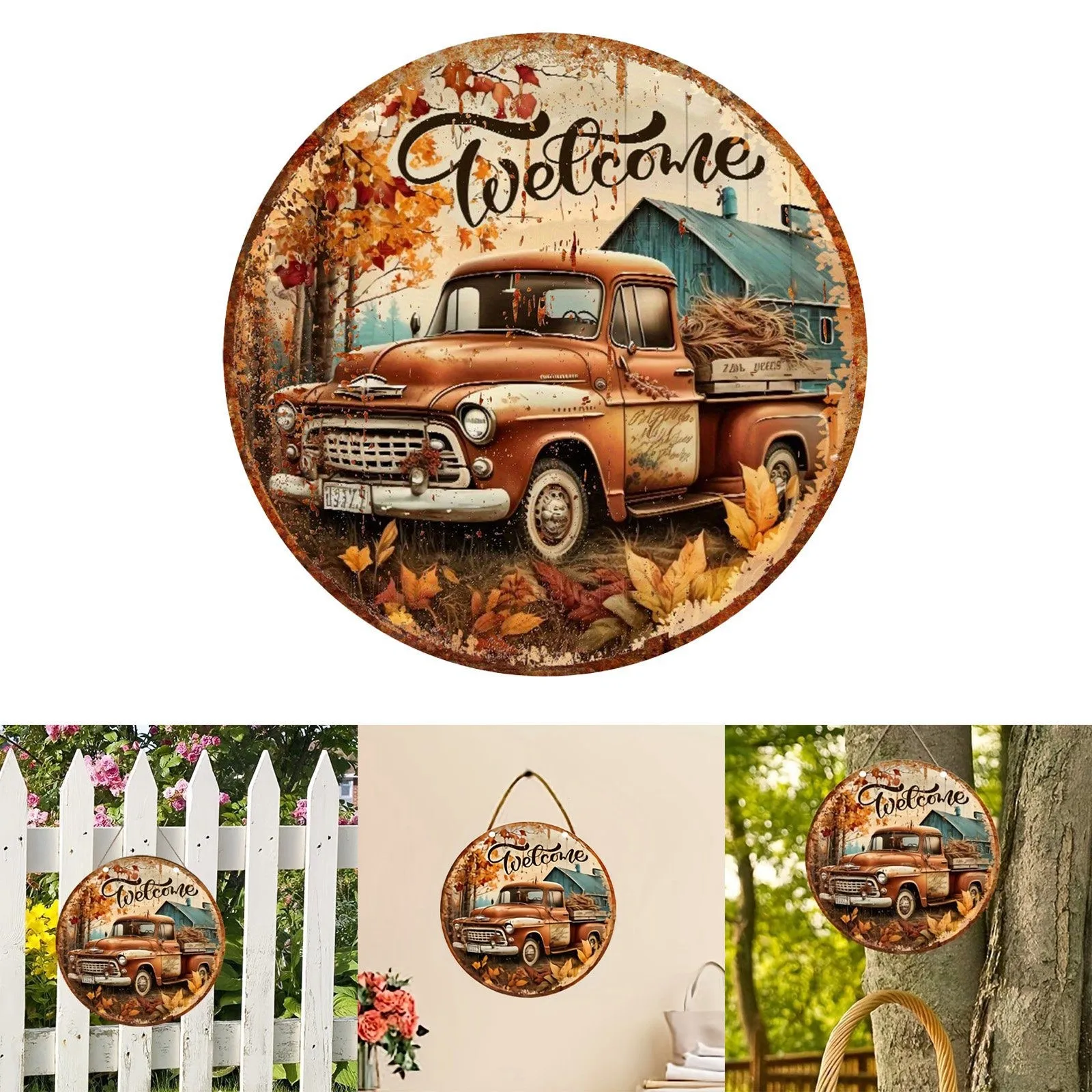 

Welcome Hanging Decoration Wooden Round Front Door Pendant Holiday Pieces Autumn Farmhouse Porch Hanging Plaques Ornament Art