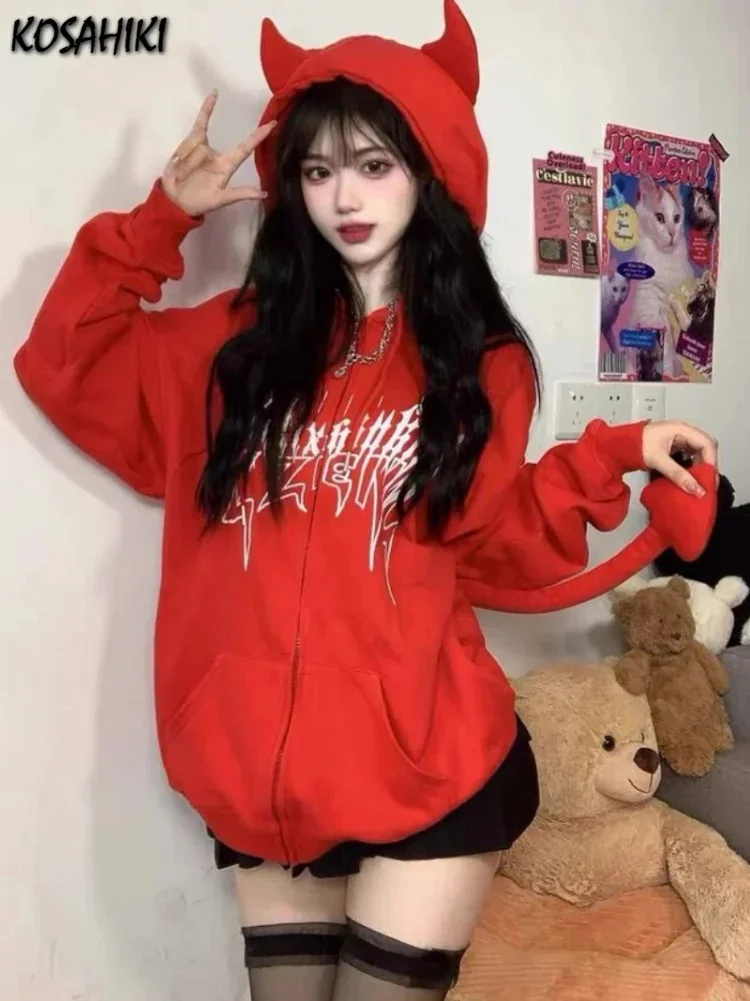 

KOSAHIKI Harajuku Hoodies Women Y2k Gothic Punk Devil Hoodie Casual Kawaii Hip Hop Zipper Sweatshirt Female Jacket Coat 2023 New