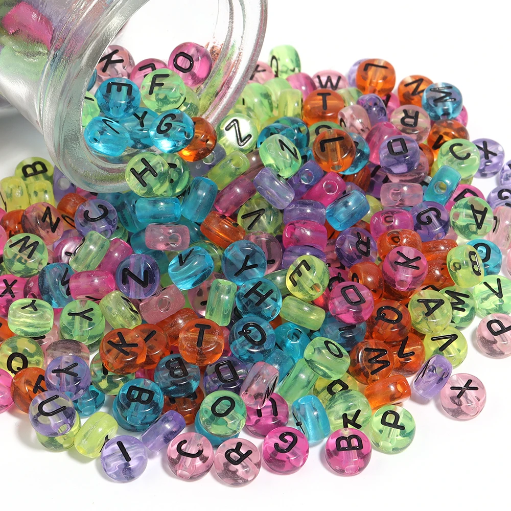 다채로운 색상의 투명 혼합 아크릴 레터 비즈, 둥근 평면 블랙 알파벳 루즈 비즈, 의류 장식 및 DIY 액세서리 제작용
