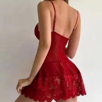 Chemise de nuit courte en dentelle pour femme, ensemble de lingerie sexy, sous-vêtements à bretelles, robe mince, costume de lolita, vêtements de nuit 2