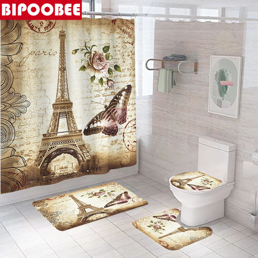 

3D Eiffel Tower Vintage Shower Curtain for Bathroom Decor Toilet Cover Bath Mat Set Butterfly Flower Bathtub Curtains with Hooks