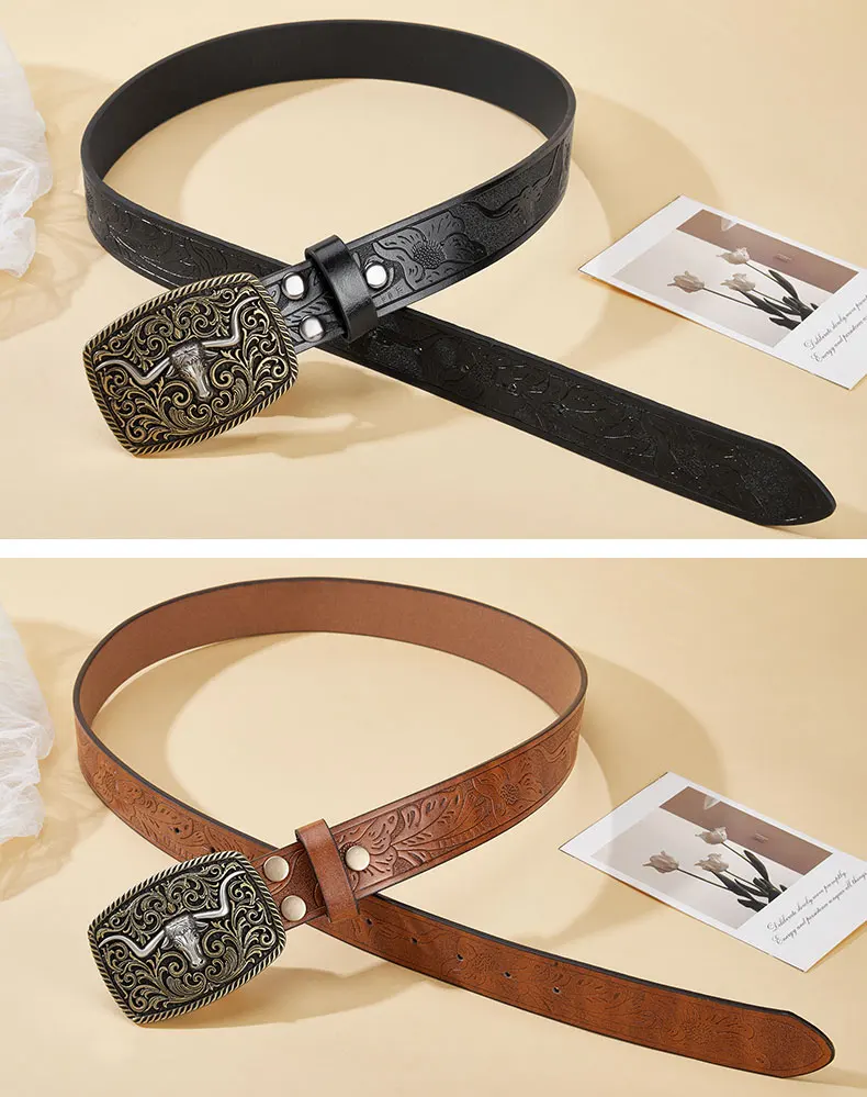 Western Cowboy PU-Ledergürtel – Herren-Hüftgurt, Stier-Dekoration, Blumenmuster, graviert für Jeans – Detail 8