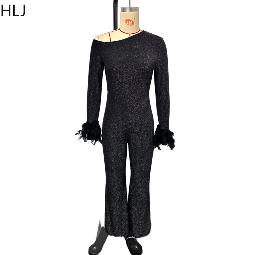 HLJ Fashion One Shoulder Sparkling Feather Jumpsuits Women Long Sleeve Slim Straight Pants Playsuits Sexy Party Club Overalls