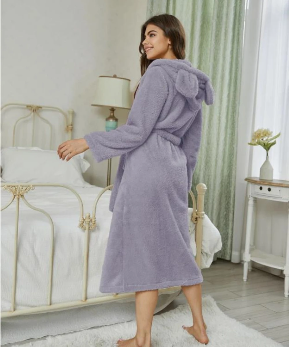 Women's New Fall and Winter Solid Color Flannel Hooded Bathrobe Extended Lace-up Elegant Fashion Comfortable Casual Pajamas