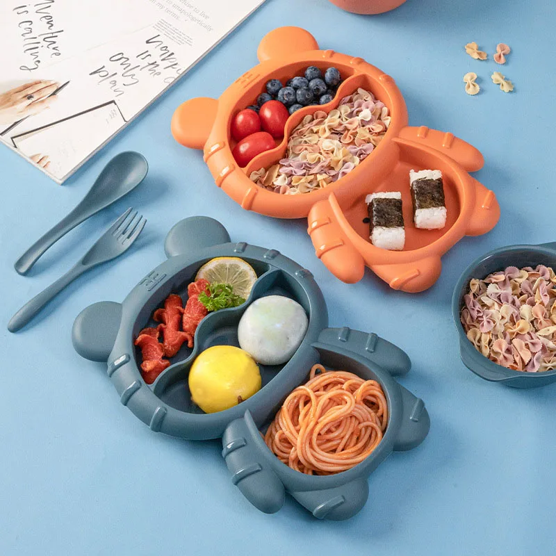 

Набор детских тарелок с медведем, 4 шт., Детские миски, тарелки, ложки, вилки, не шелковистые, интересный дизайн для детей, 1 комплект посуды