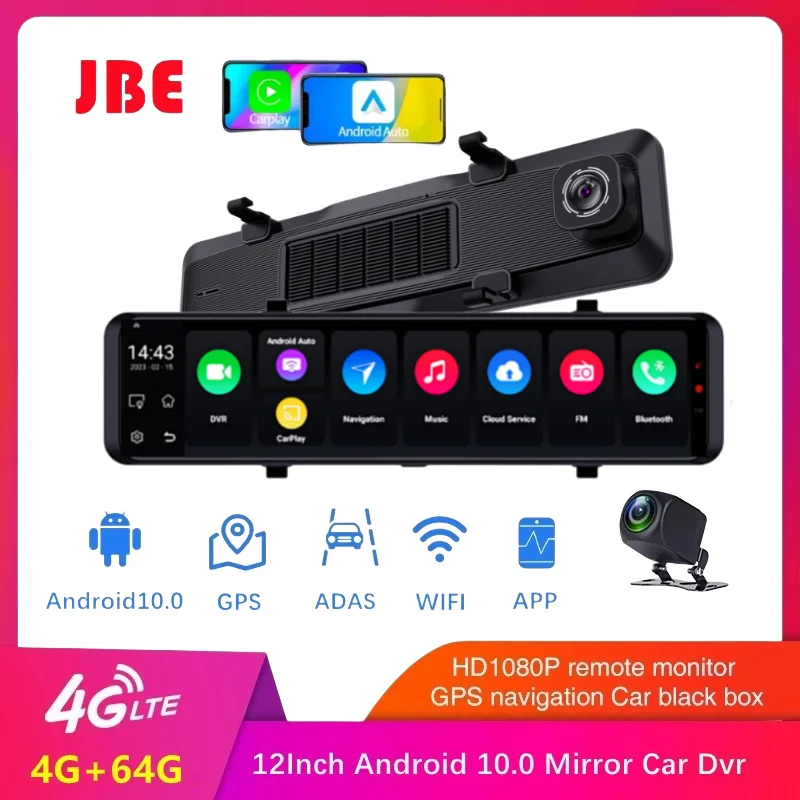 4G Android 10.0 12 Pollici 4G + 64G Specchietto Retrovisore Per Auto Stream Media Gps Navi Dash Cam Dual 1080P Fotocamera Car Dvr Adas Super Night