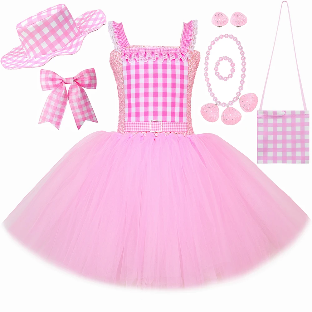 

Детское розовое клетчатое балетное платье-пачка с бантом для девочек