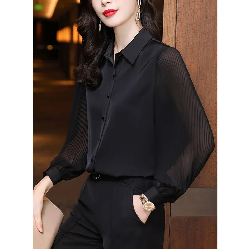 Elegant Chiffon Button Lantern Sleeve Folds Shirt Fashion Woman Blouses 2024 Spring Summer Solid Color Office Lady Blouses