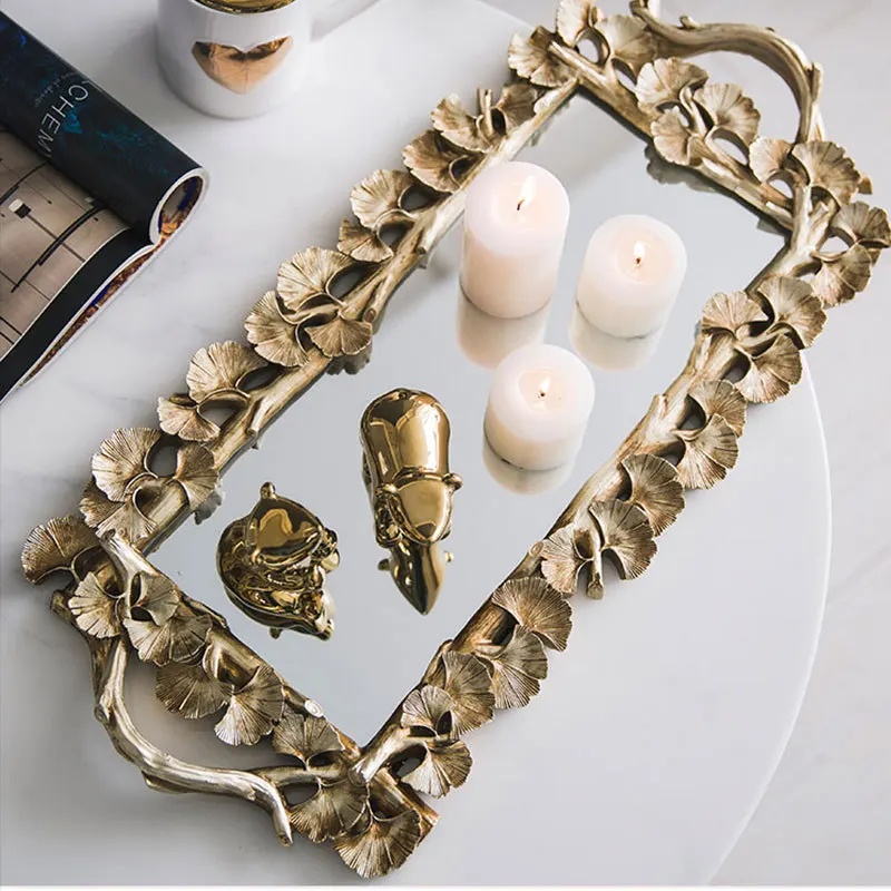 

1Pc Rectangular Gingko Leaf Retro Carved Tray Mirror Tea Fruit Dessert Coffee Dessert Table Storage Tray(Golden) WF