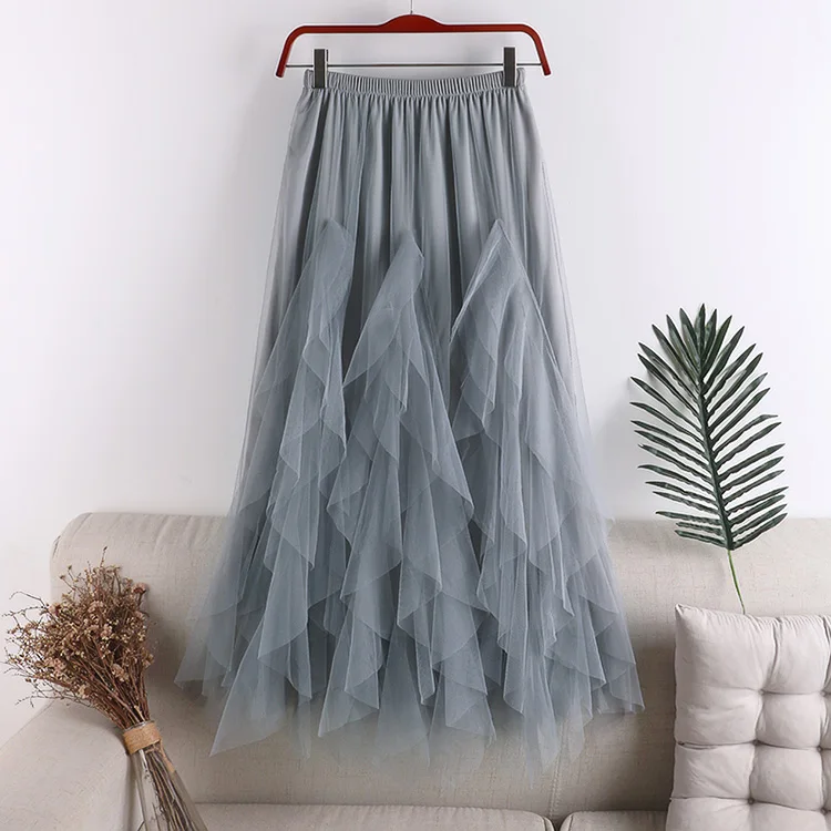 Vintage Elegant Solid Mesh Patchwork Women Skirts Korean High Waist Tassel Tulle Skirt Irregular A-Line Midi Faldas Mujer long skirts for women