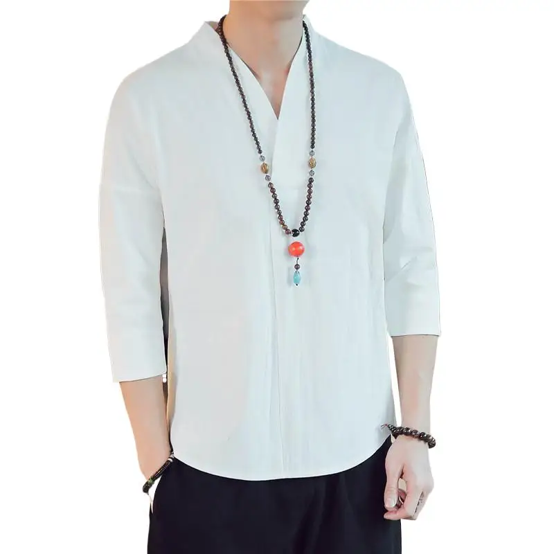 

Summer Men's three quarter sleeve Cotton Linen Shirts,M-8XL plus size black white Chinese style vintage blouse camisa masculina