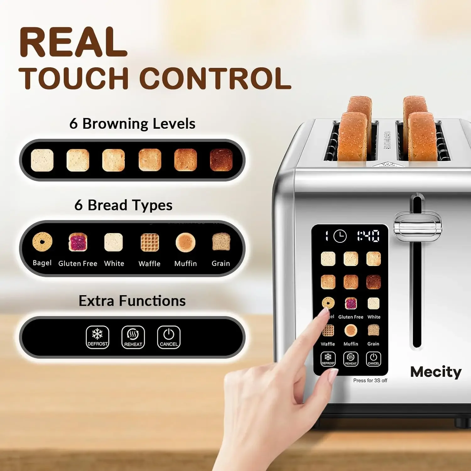 4 Slice Toaster Touch Screen 1.5" Long Slot Stainless Steel Smart Bread Toaster for Bagel Muffin Waffle Gluten Free Breads Timer 2
