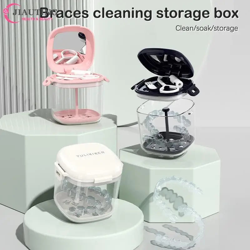 

1*Denture Storage Box With Filter Holder And Mirror Oral Orthodontic Retainer Cleaning Case False Teeth Soaking Container Travel