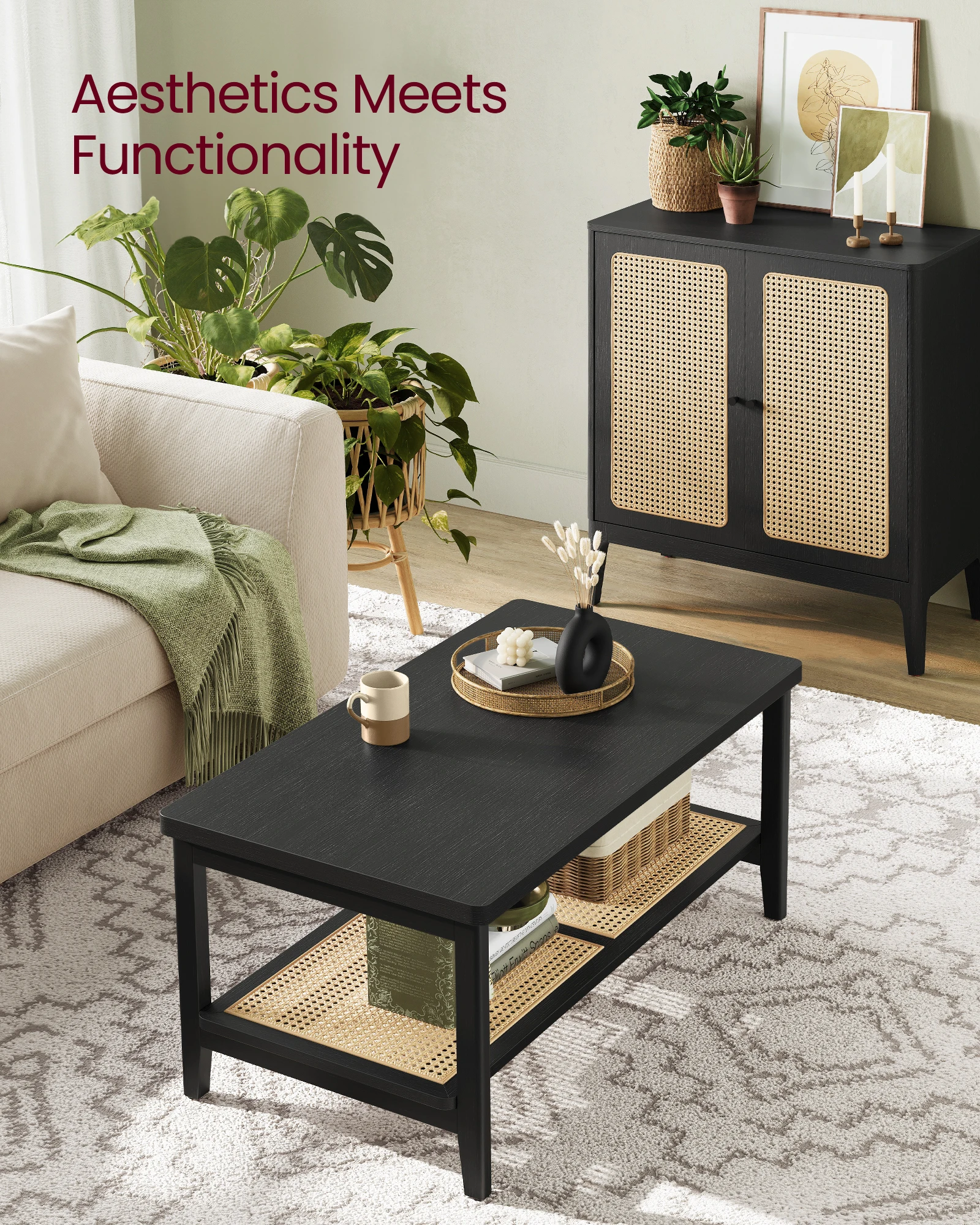 VASAGLE 2-Tier Coffee Table for Living Room, Living Room Table Rectangular Center Table, with PVC Rattan Storage Shelf 2