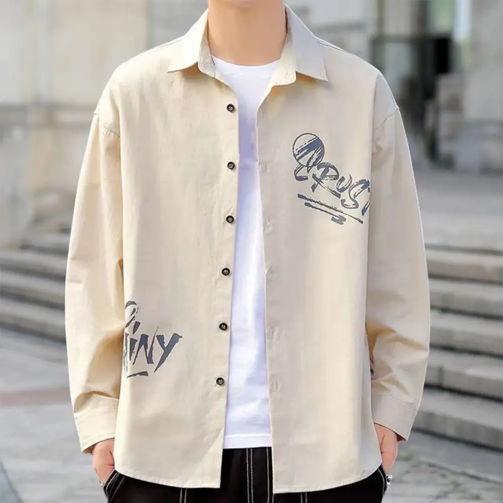 

Lapel Collar Shirt Coat Single-breasted Shirt Coat Men's Spring Autumn Long Sleeve Shirt Jacket with Print Loose Fit