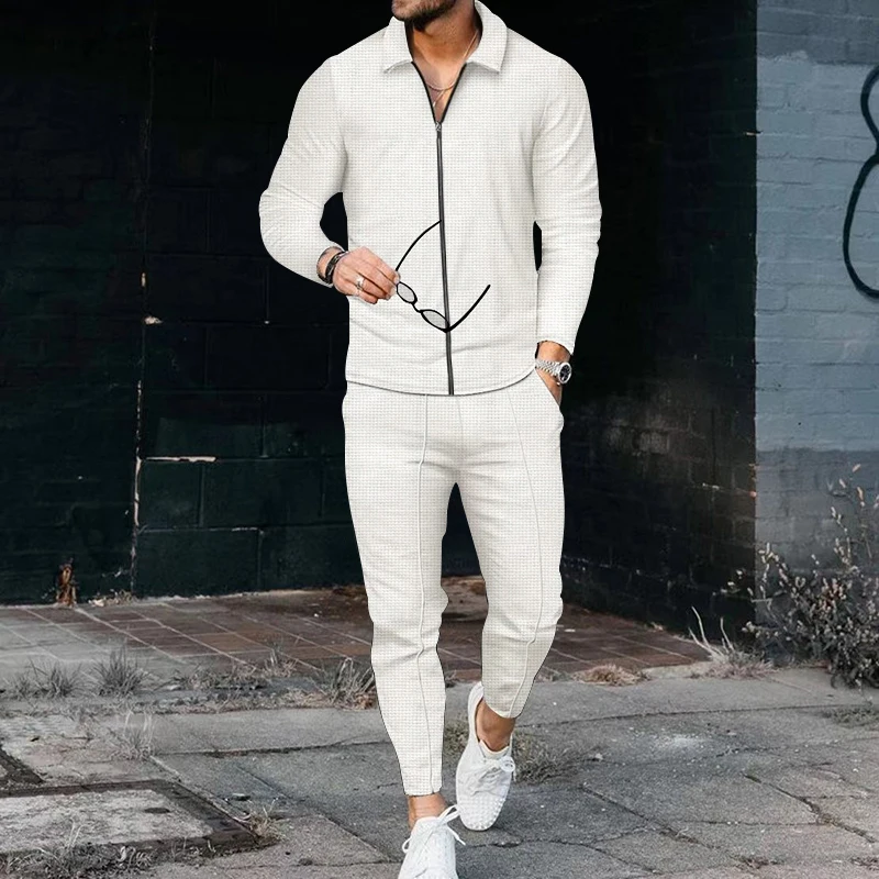 Summer Spring New Men's Casual Set Long-sleeved Shirt Pants Solid V-neck Zipper Outdoor Casual Versatile Two Piece Set for Men