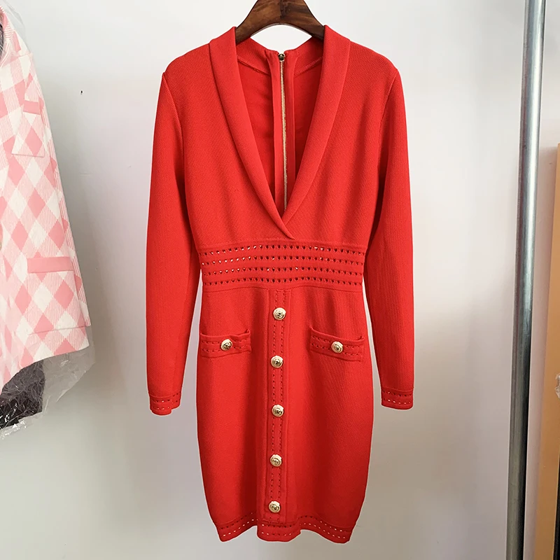 

HIGH Street Newest 2023 Fall Winter Designer Dress Women's Long Sleeve Notched Collar Knit Dress