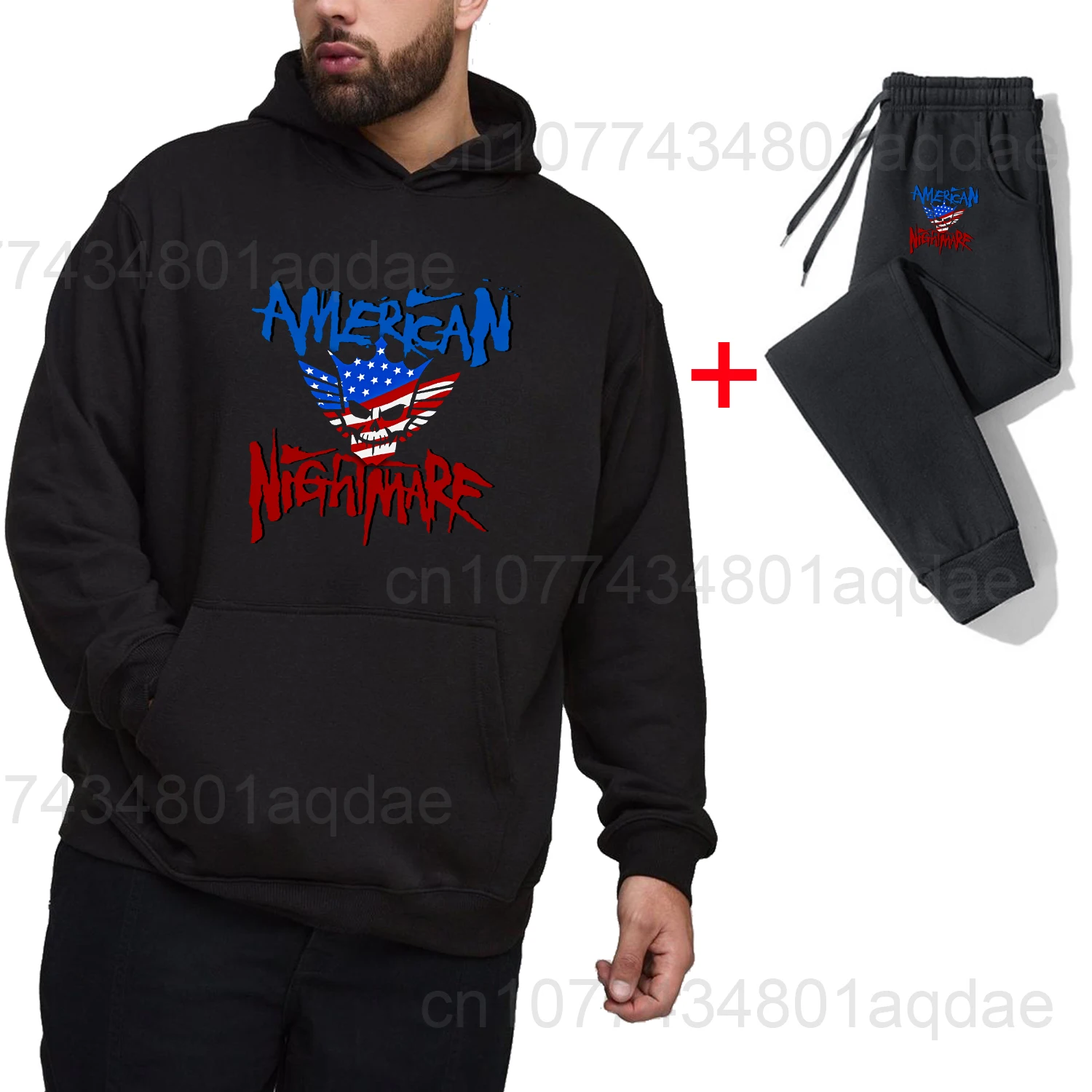 2025 Autumn/Winter New Hot Wrestling Fans Men's Cody Rhodes Black pullover casual pants street casual sports fashion black set 2