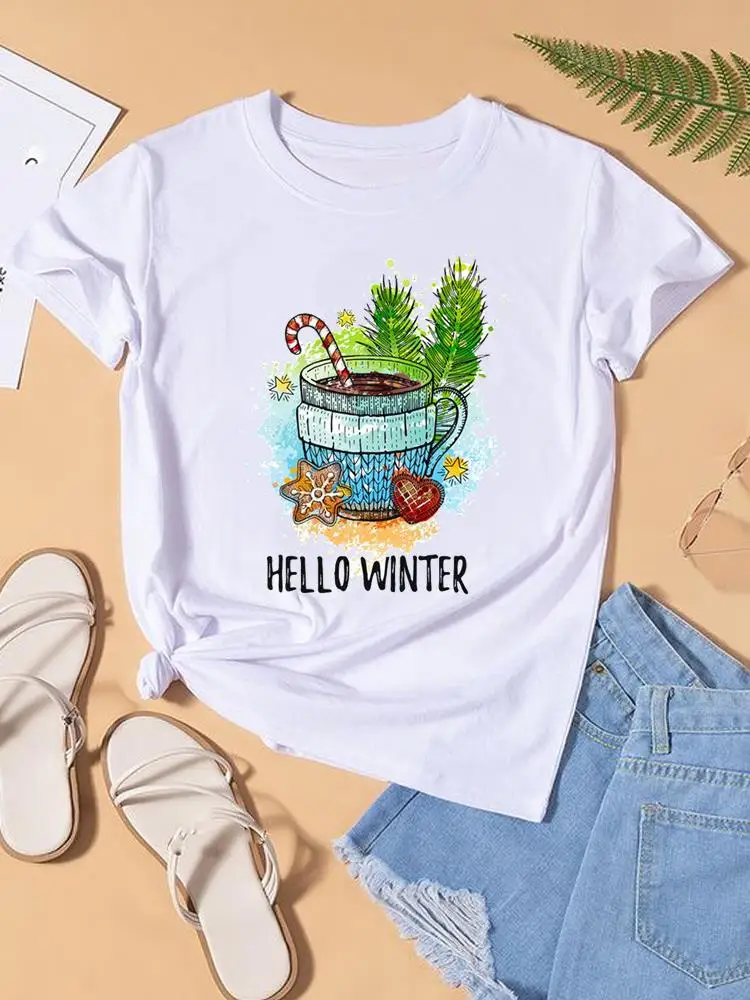 

Watercolor Letter Style Cute Print Women Tee Top Fashion Christmas Lady New Year Shirt Clothing Clothes Graphic T-shirt