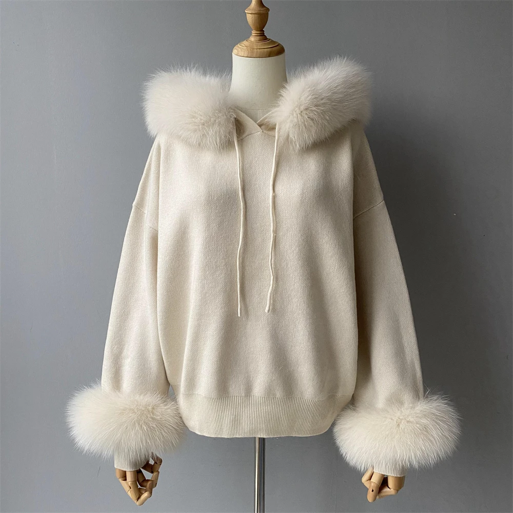 Knit set with hood and removable fur trim side view