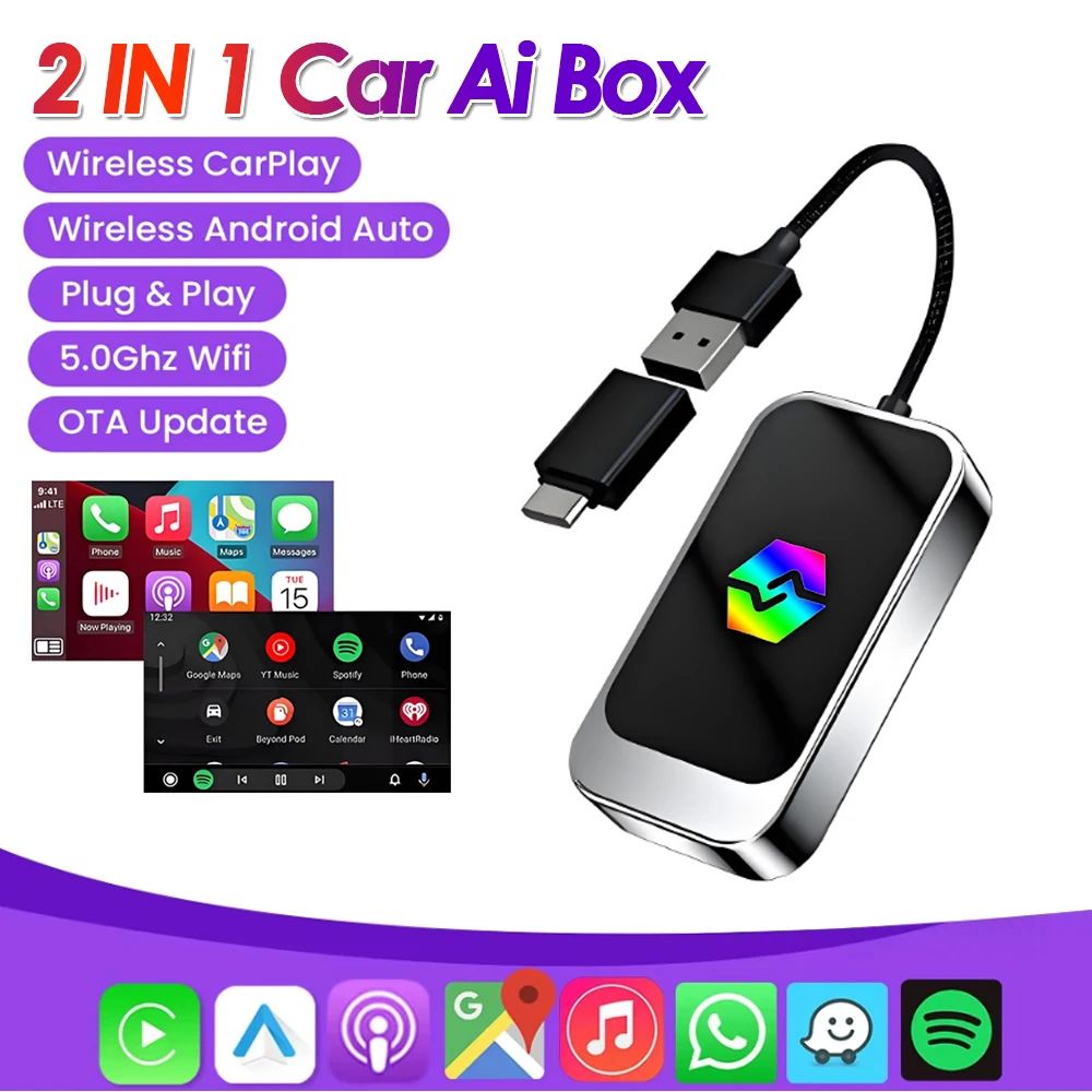 2 IN 1 Wired to Wireless CarPlay Android Auto Adapter USB Dongle Smart ...